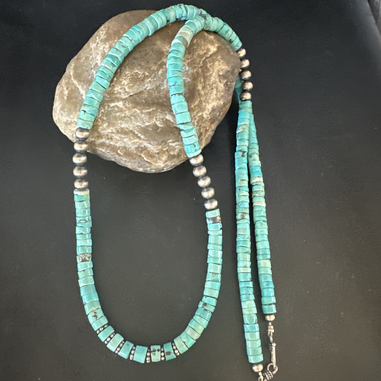 USA Blue Turquoise 21” Heishi Sterling Silver Bead Necklace 15164
