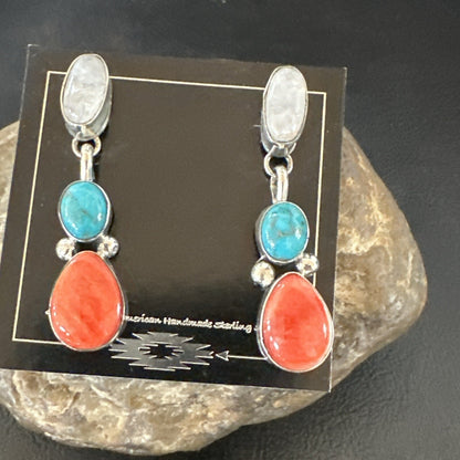 Turquoise Spiny MultiColor Navajo Sterling Silver Inlay Earrings 18353