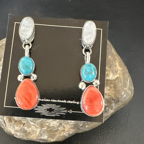 Turquoise Spiny MultiColor Navajo Inlay Earrings | Sterling Silver | Authentic Native American Handmade | 18353