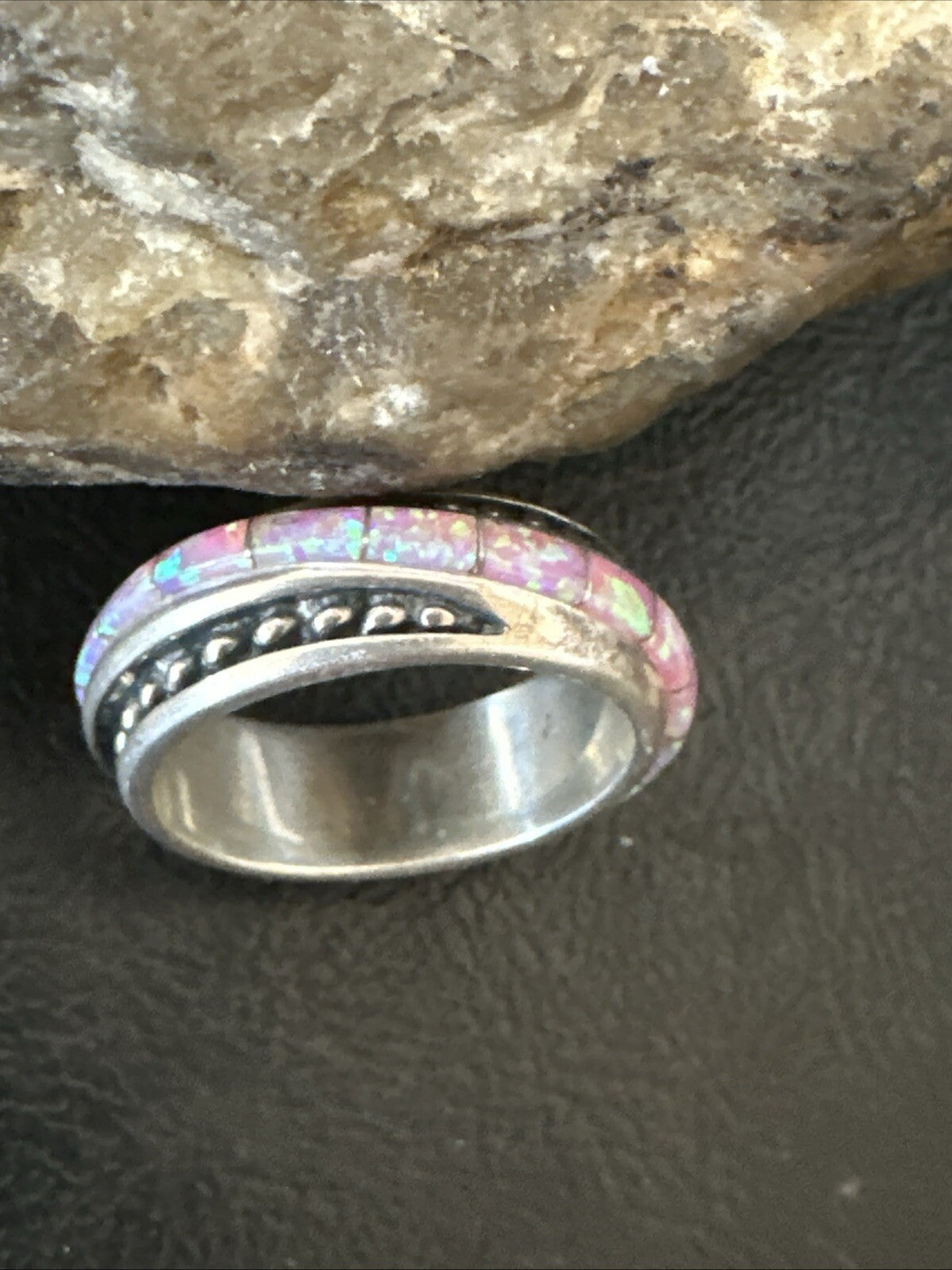Pink Opal Navajo Sterling Silver Band Inlay Ring Size 9 18784