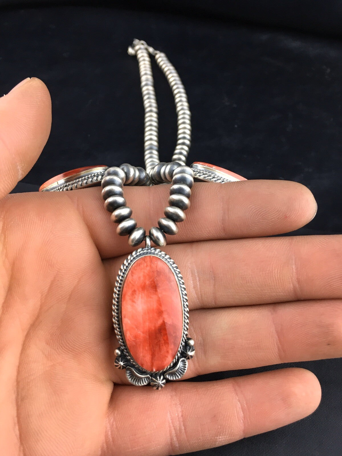 Red Spiny Oyster Pendant Navajo Sterling Silver Squash Necklace 16" 04536