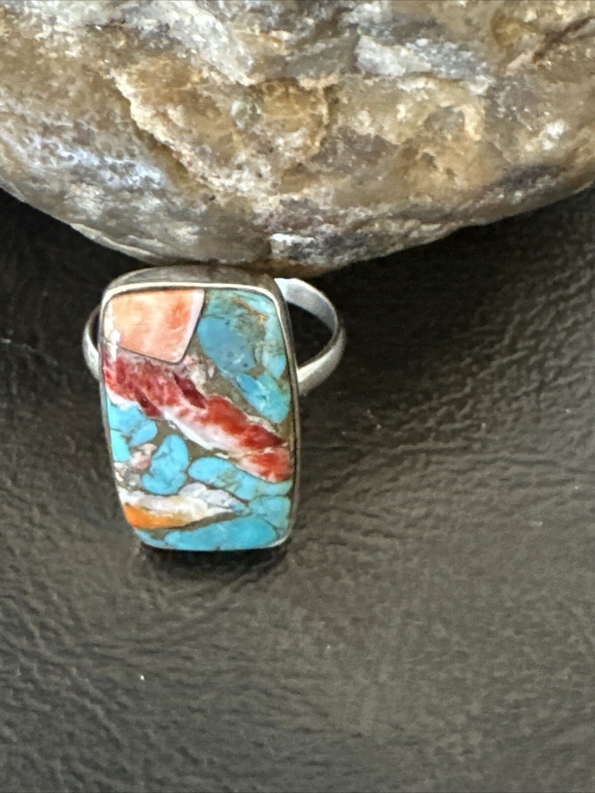 Blue Turquoise Spiny Oyster Southwestern Sterling Silver Ring Size 8 18434