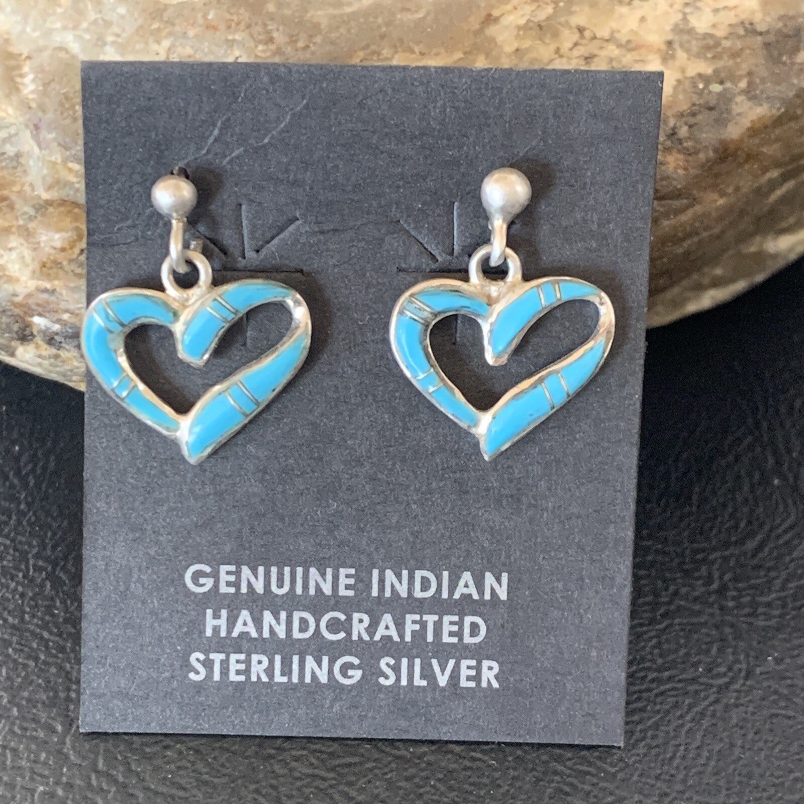 Navajo Blue Turquoise Heart Sterling Silver Dangle Post Earrings 0.5" 12716