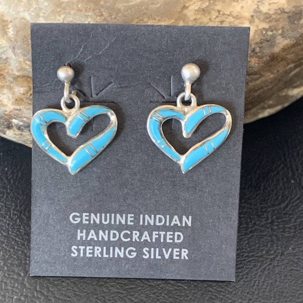 Navajo Blue Turquoise Heart Dangle Post Earrings 0.5" | Sterling Silver | Authentic Native American Handmade | 12716