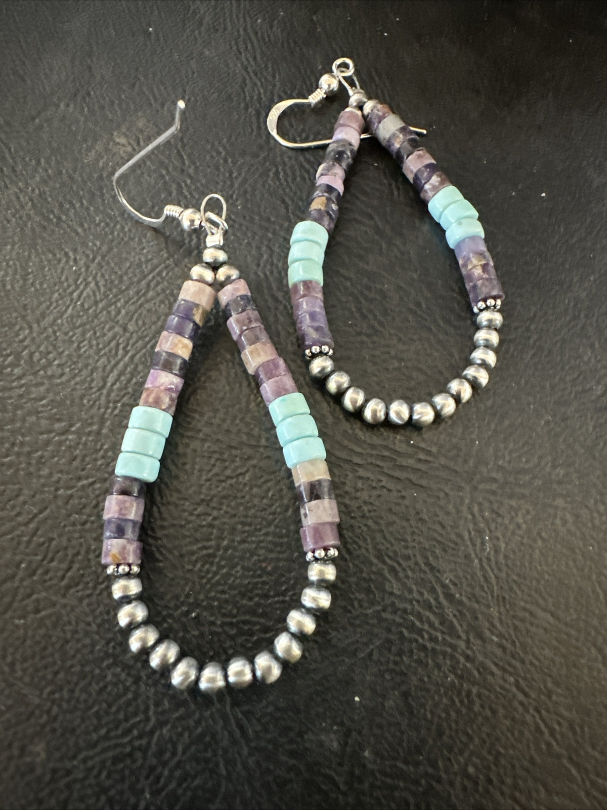 Blue Turquoise Purple Ston Heishi Sterling Silver Navajo Beads Earrings 2" 17838