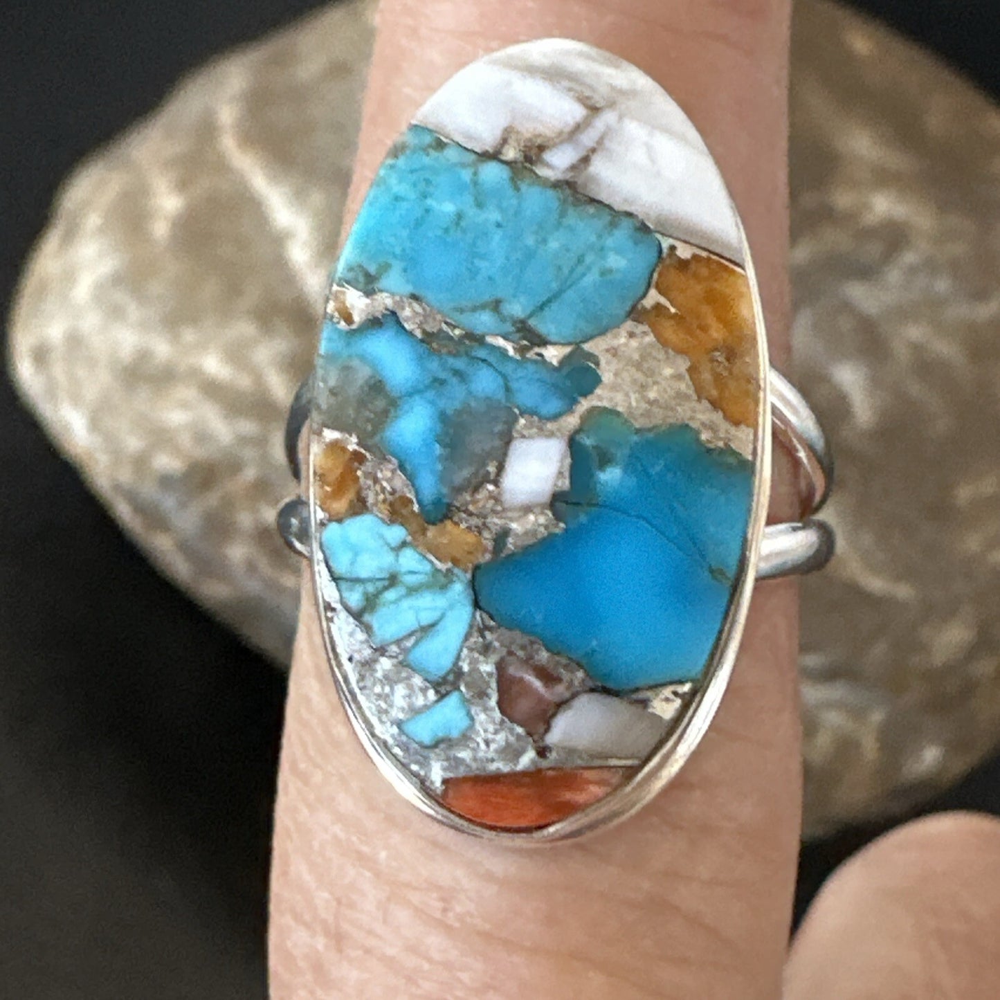 Blue Turquoise Spiny Oyster Southwestern Sterling Silver Ring Size 9 18459
