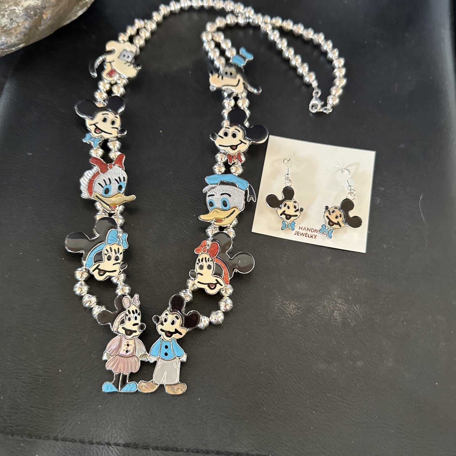 MICKEY MOUSE ZUNI TURQUOISE STERLING SILVER SQUASH BLOSSOM EARRINGS 17784