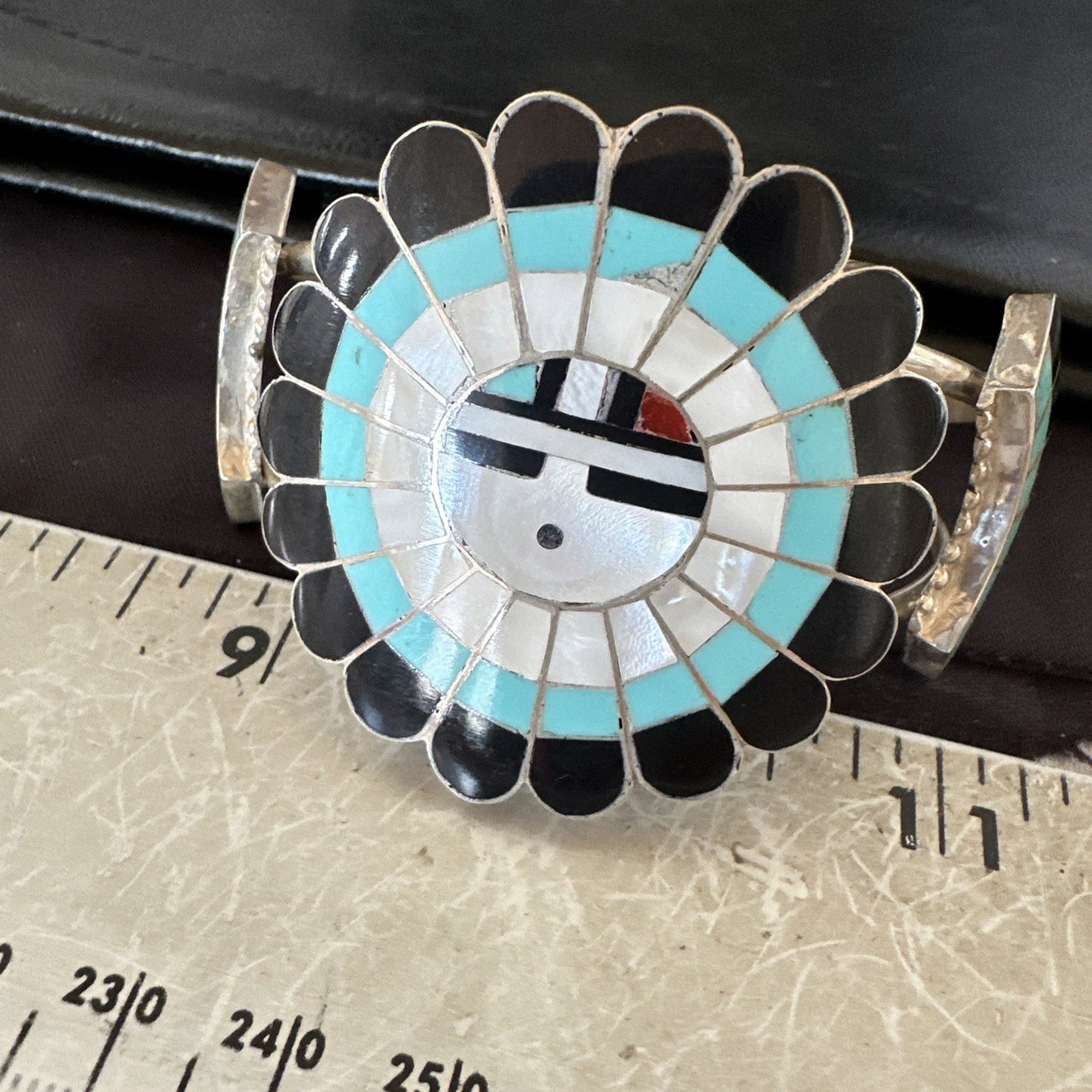 Old Pawn Sunface Turquoise Zuni Sterling Silver Onyx Bracelet 6.75” 19128