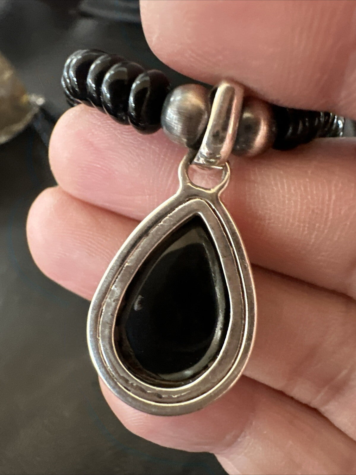 Mens Womens Black Onyx Pendant Navajo Sterling Silver Beads Necklace 18333