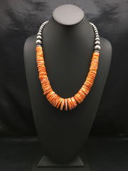 Spiny Oyster Graduated Navajo Beads Necklace 23" | Sterling Silver | Authentic Native American Handmade | 03085