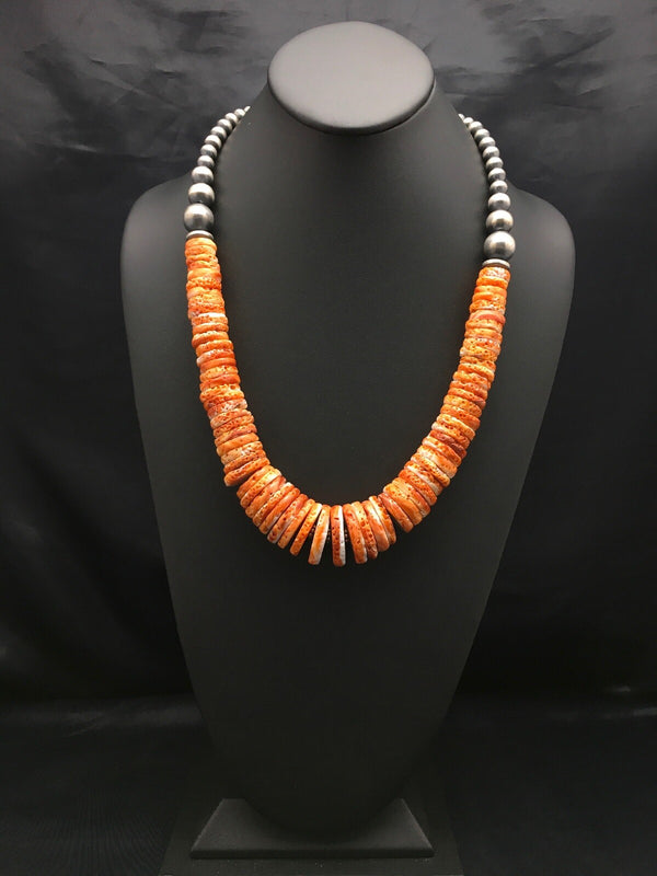 Spiny Oyster Graduated Navajo Beads Necklace 23" | Sterling Silver | Authentic Native American Handmade | 03085