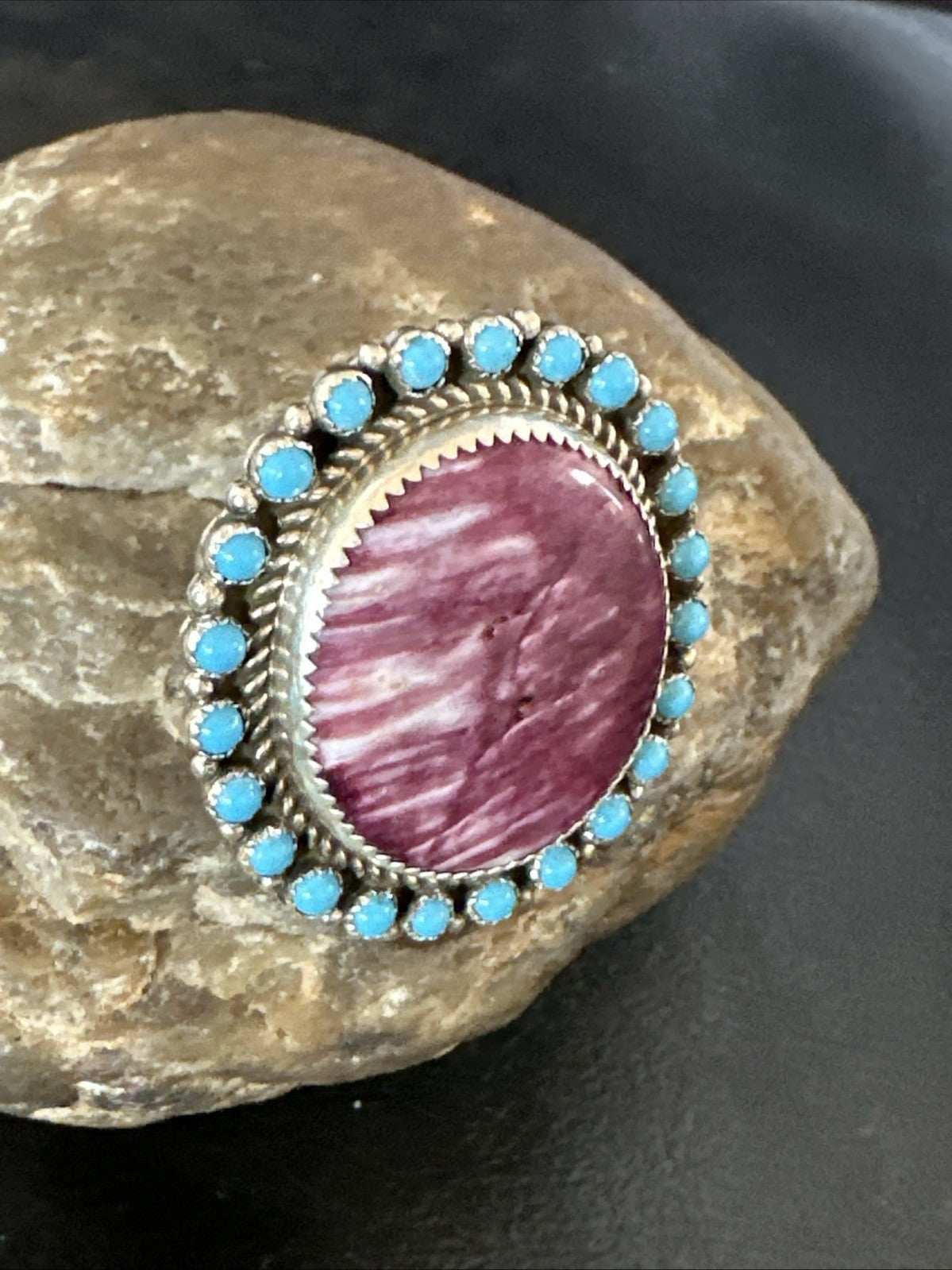 Cluster Kingman Turquoise Purple Spiny Navajo Sterling Silver Ring Sz 10 19104