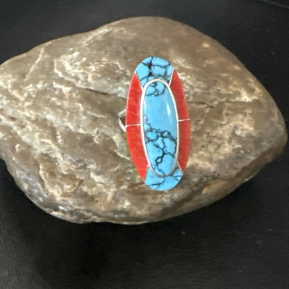 Blue Turquoise Coral Navajo Sterling Silver Ring Size 8.5 18763