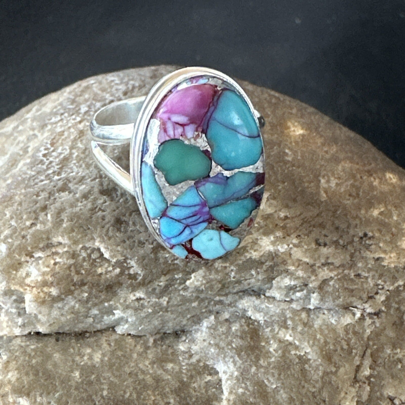 Blue Turquoise Spiny Oyster Southwestern Sterling Silver Ring Size 9 18462