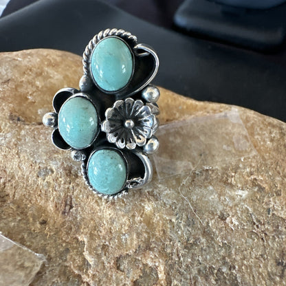 Yazzie Ring Green Turquoise Navajo Sterling Silver Cluster Size 8 19223