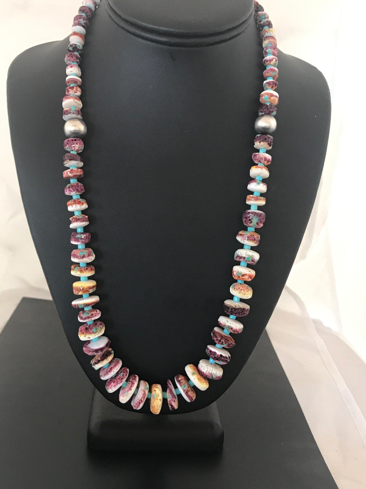 Purple Spiny Oyster & Turquoise Bead Navajo Sterling Silver Necklace 08439