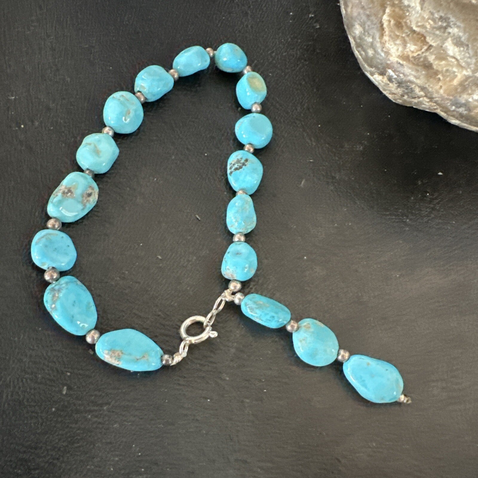 Blue Sleeping Beauty Nugget Turquoise Sterling Silver Navajo Bracelet 7.5” 18608