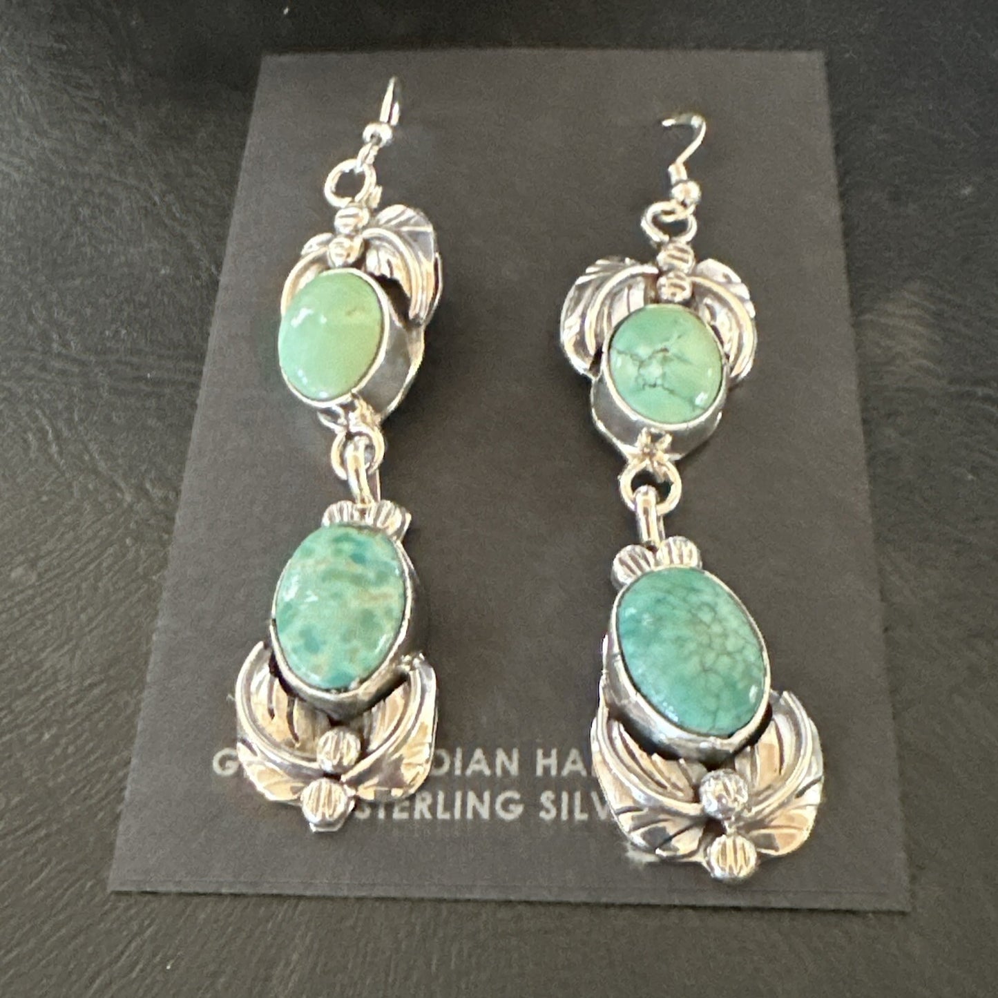 Native Navajo Green Turquoise Sterling Silver Dangle Earrings 2” 17913