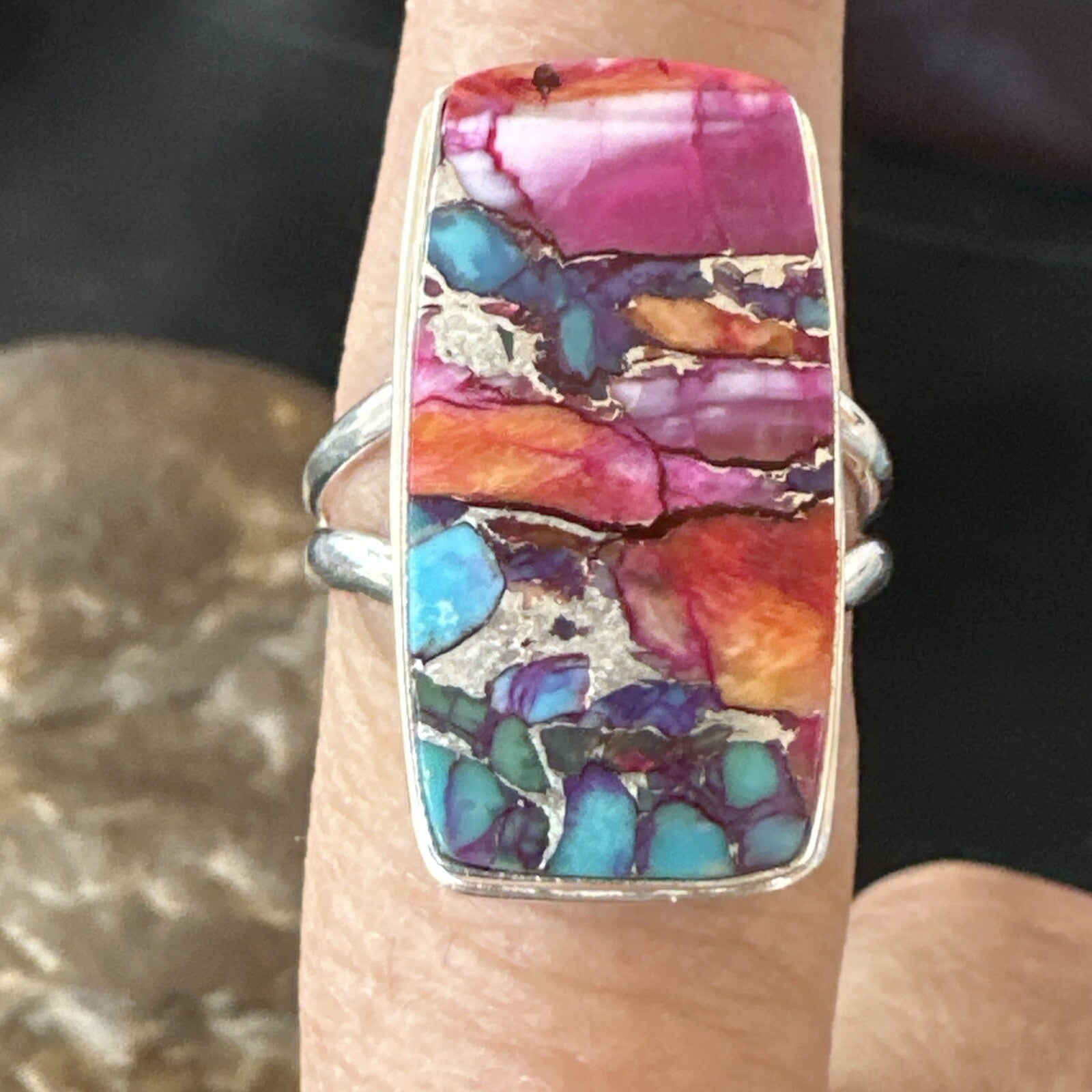Blue Turquoise Spiny Oyster Southwestern Sterling Silver Ring Size 9 18466