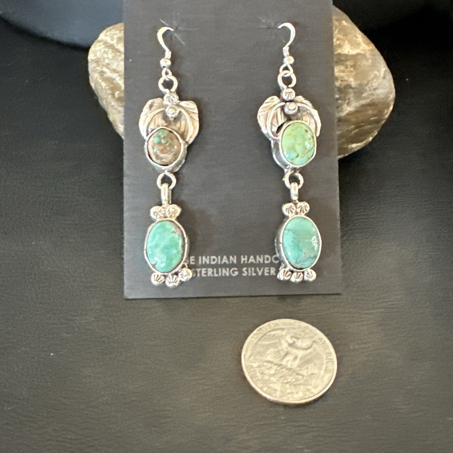 Navajo Green Turquoise Sterling Silver Dangle Earrings 2” 18043