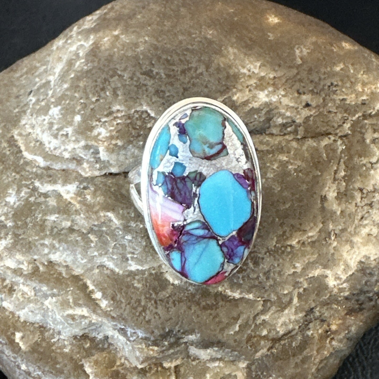Blue Turquoise Spiny Oyster Navajo Sterling Silver Ring Size 7 18253