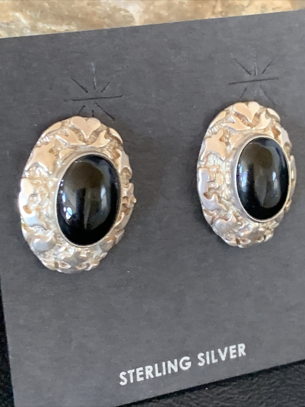 Native American Womens Nugget Sterling Silver Black Onyx Earrings 1" 13047