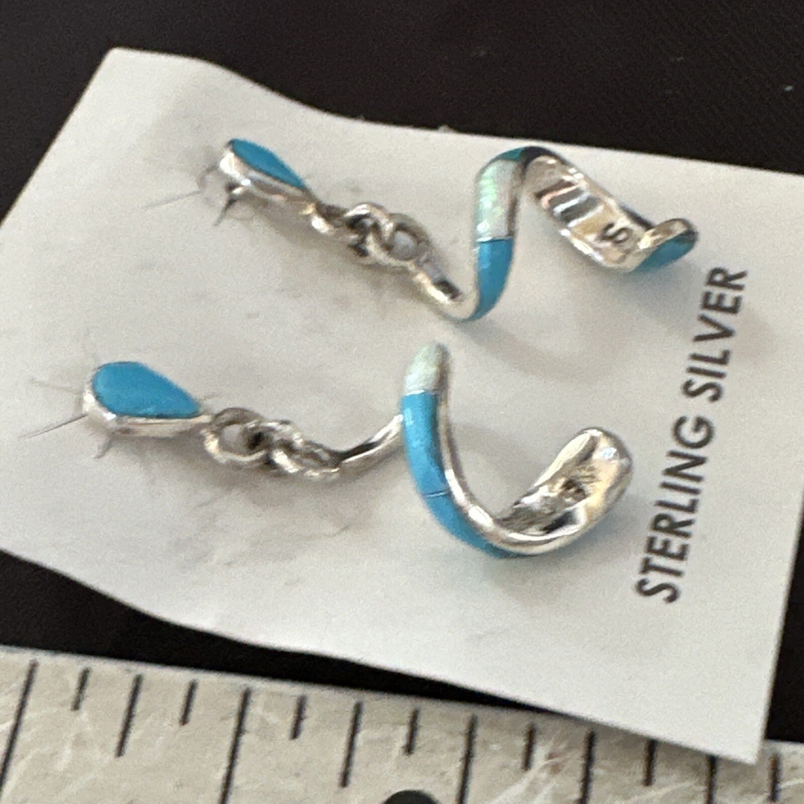 Blue Turquoise Opal Inlay Swirl Navajo Sterling Earrings 1.25" 18751