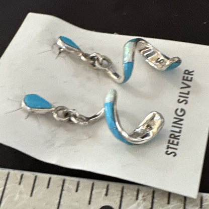 Blue Turquoise Opal Inlay Swirl Navajo Sterling Earrings 1.25" 18751