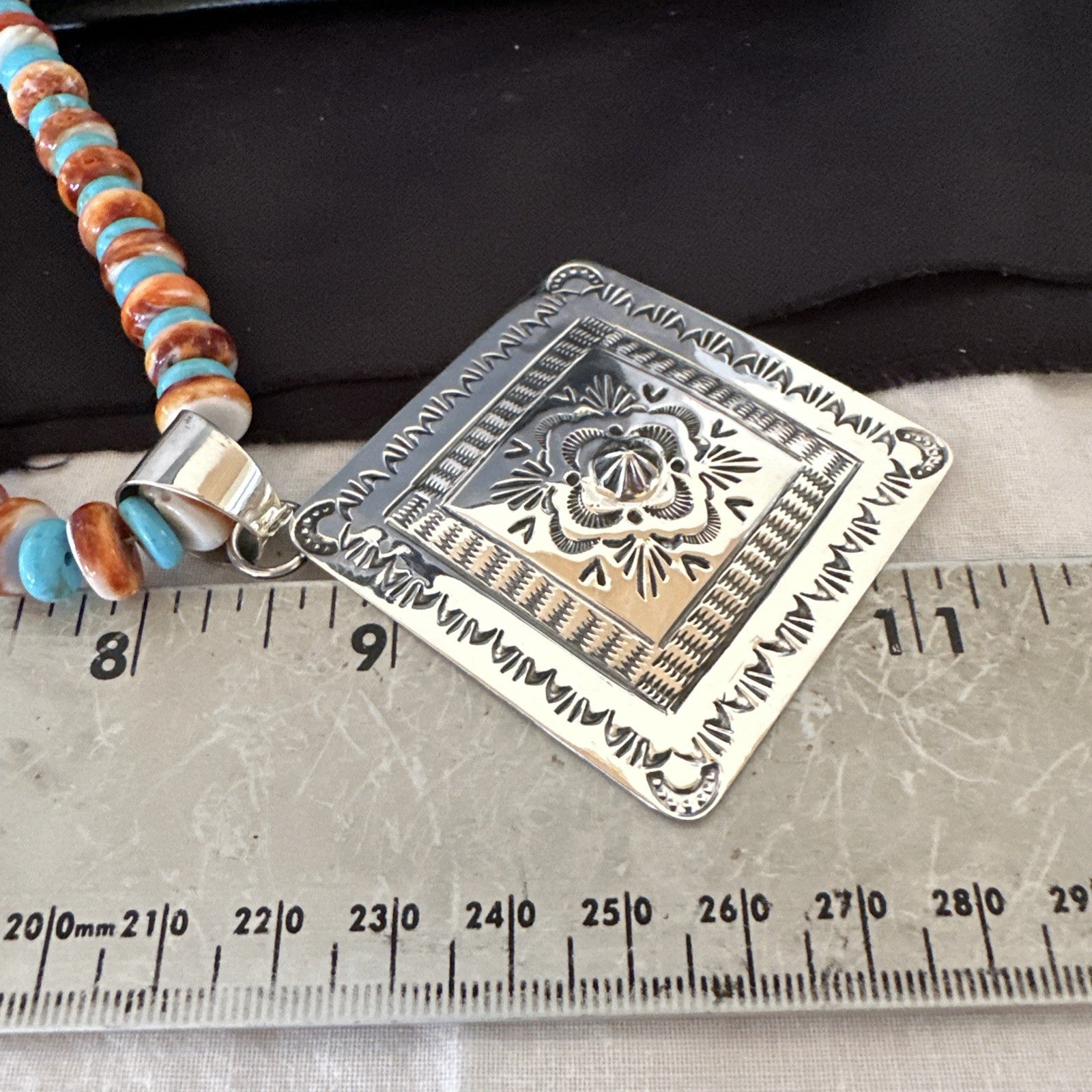 Orange Spiny Oyster Turquoise Navajo  Pendant Sterling Silver Necklace 21” 19044