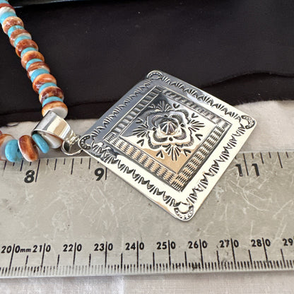 Orange Spiny Oyster Turquoise Navajo  Pendant Sterling Silver Necklace 21” 19044