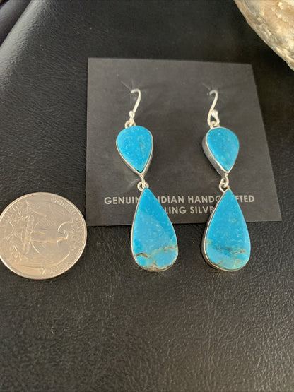 Blue Kingman Turquoise Navajo Sterling Silver Dangle Earrings 1.5" 14080