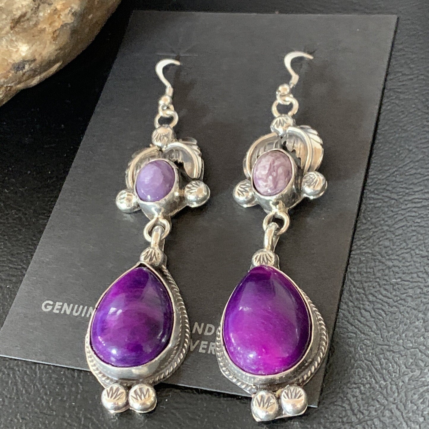 Purple Stone Navajo Sterling Silver Dangle Earrings 2" 12882