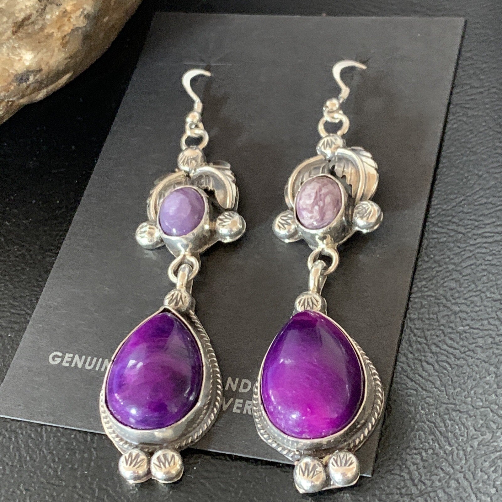Purple Stone Navajo Sterling Silver Dangle Earrings 2" 12882
