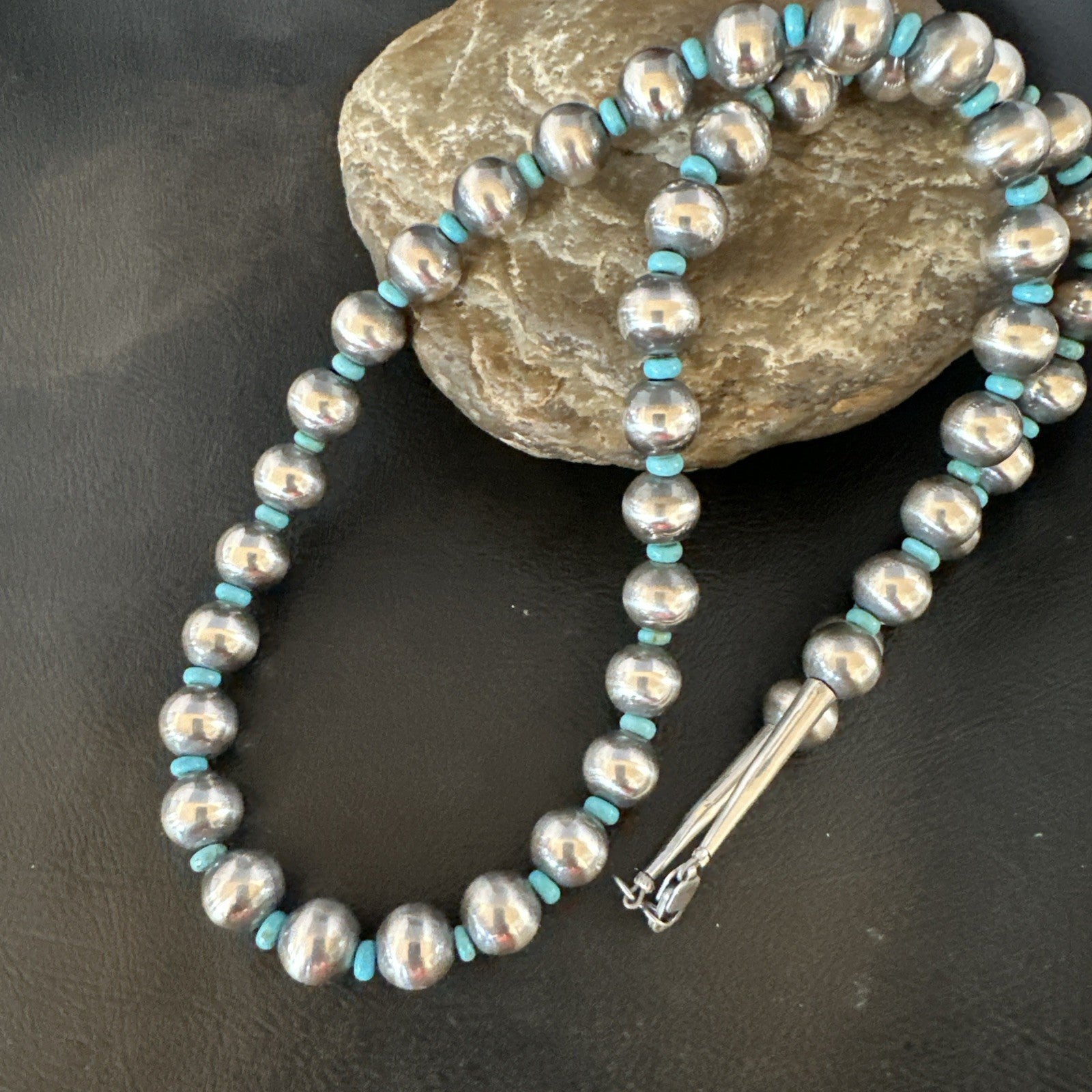 Blue Turquoise 10mm Round Sterling Silver Beads Necklace 24” 92408