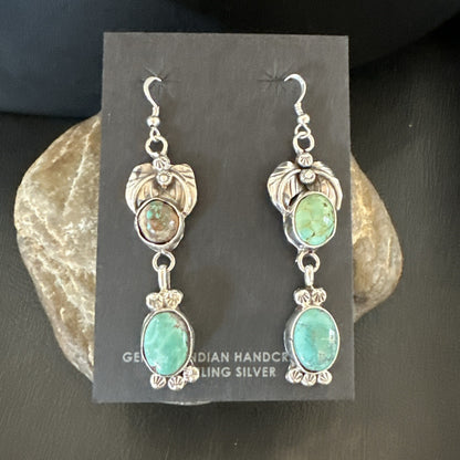 Navajo Green Turquoise Sterling Silver Dangle Earrings 2” 18043