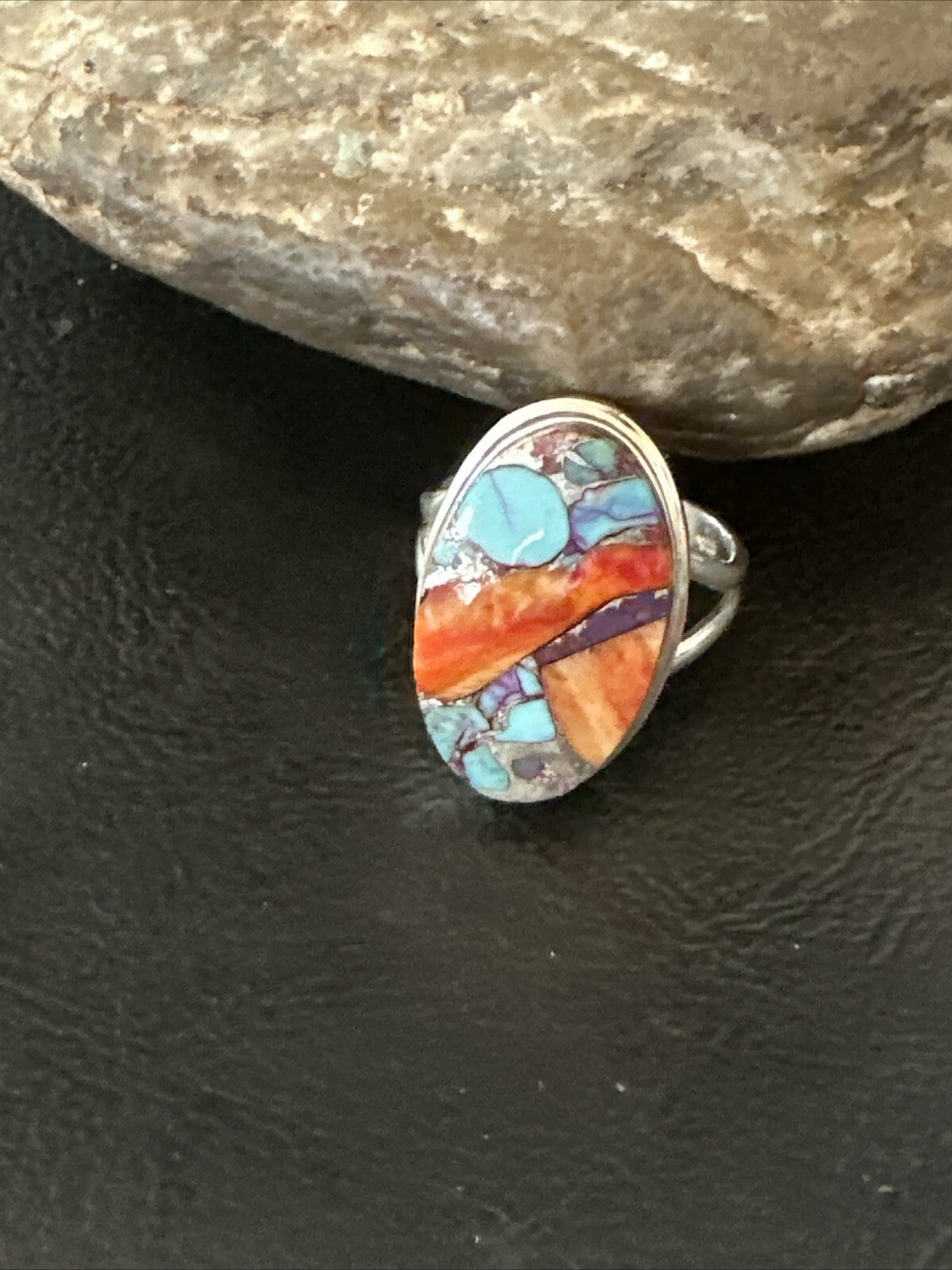 Blue Turquoise Spiny Oyster Southwestern Sterling Silver Ring Size 8 18436