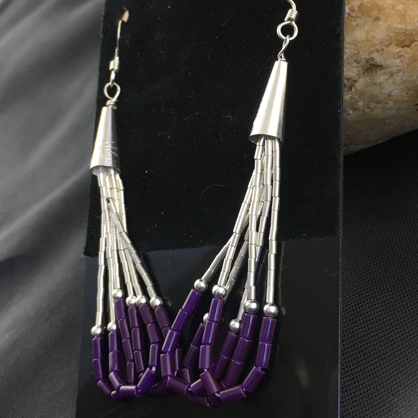 Purple Stone 3 Strands Heishi Liquid Sterling Silver Dangle Earrings 1997