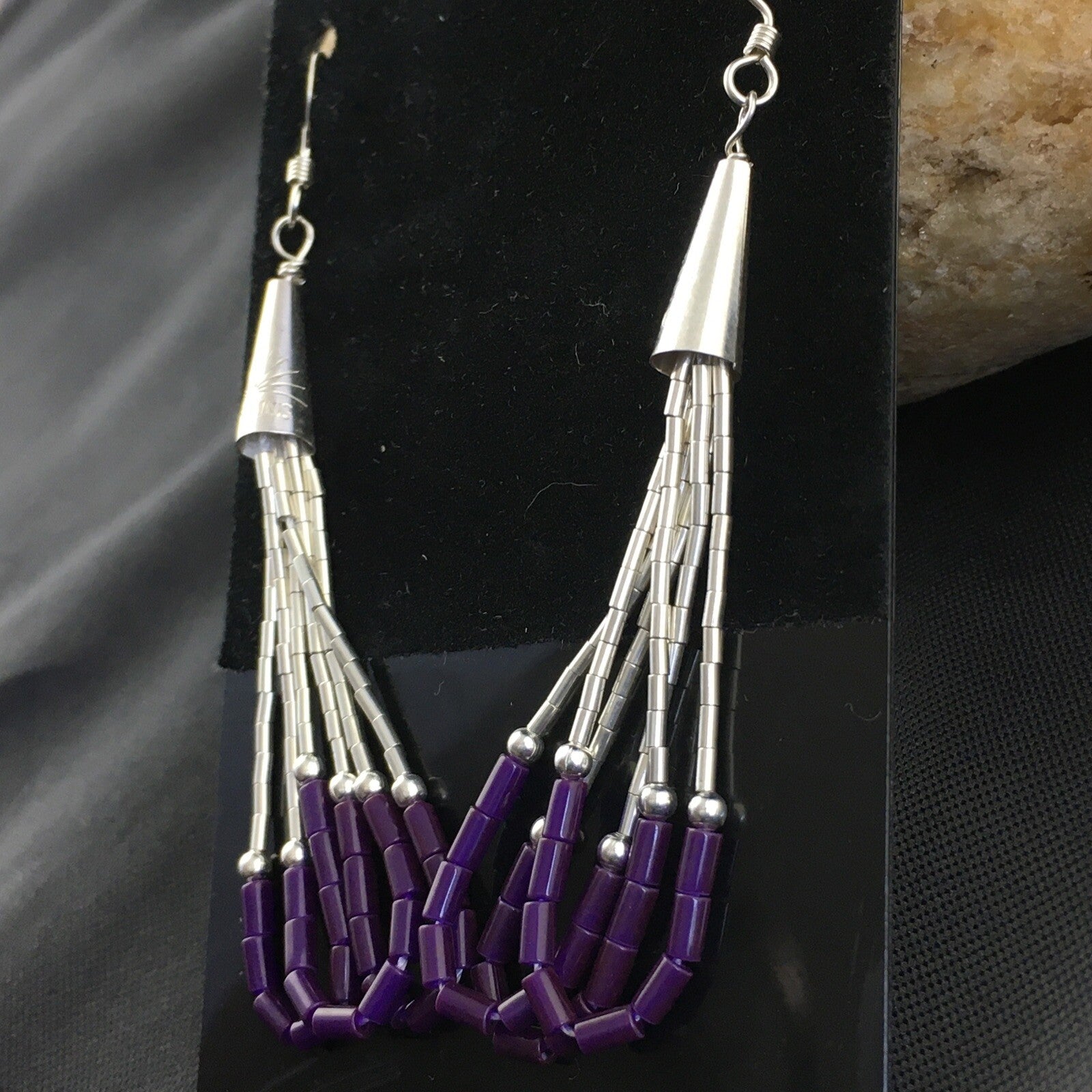 Purple Stone 3 Strands Heishi Liquid Sterling Silver Dangle Earrings 1997