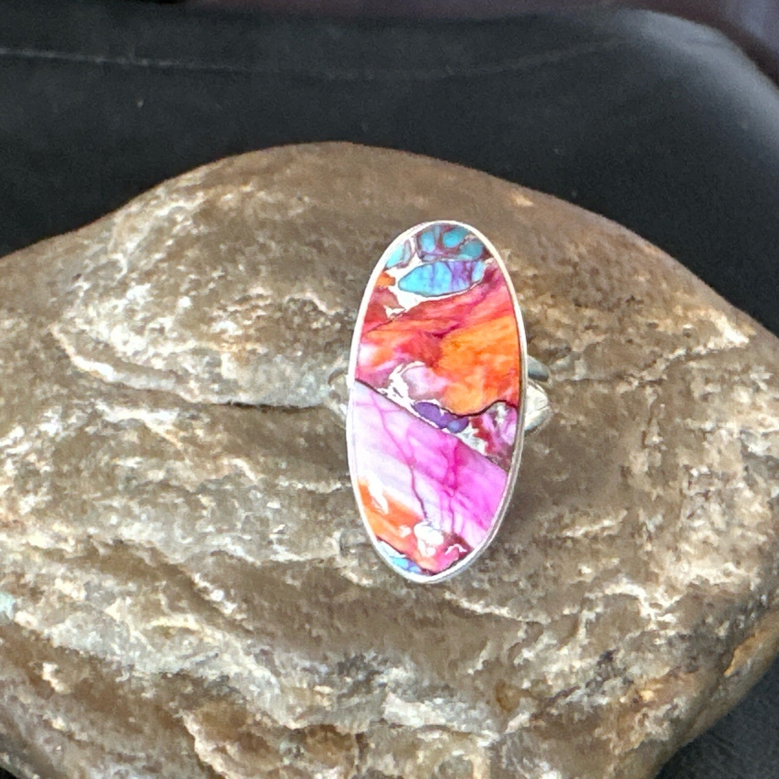 Blue Turquoise Spiny Oyster Southwestern Sterling Silver Ring Size 7 18493