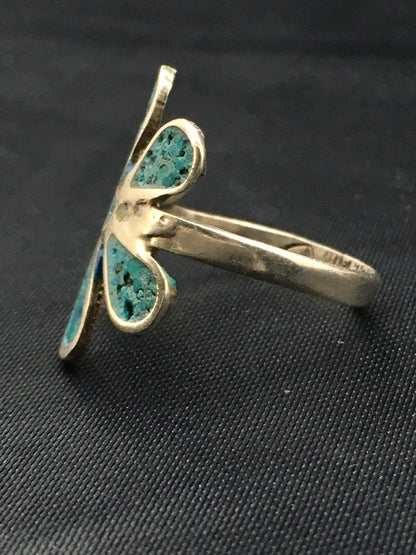 Navajo Blue Turquoise Flower Ring Sterling Silver 6.75 03076