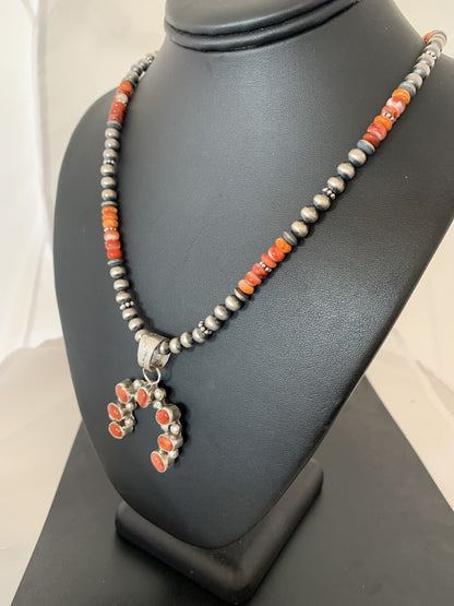 Red Spiny Oyster Naja Pendant Navajo Pearls Sterling Silver Necklace 00284