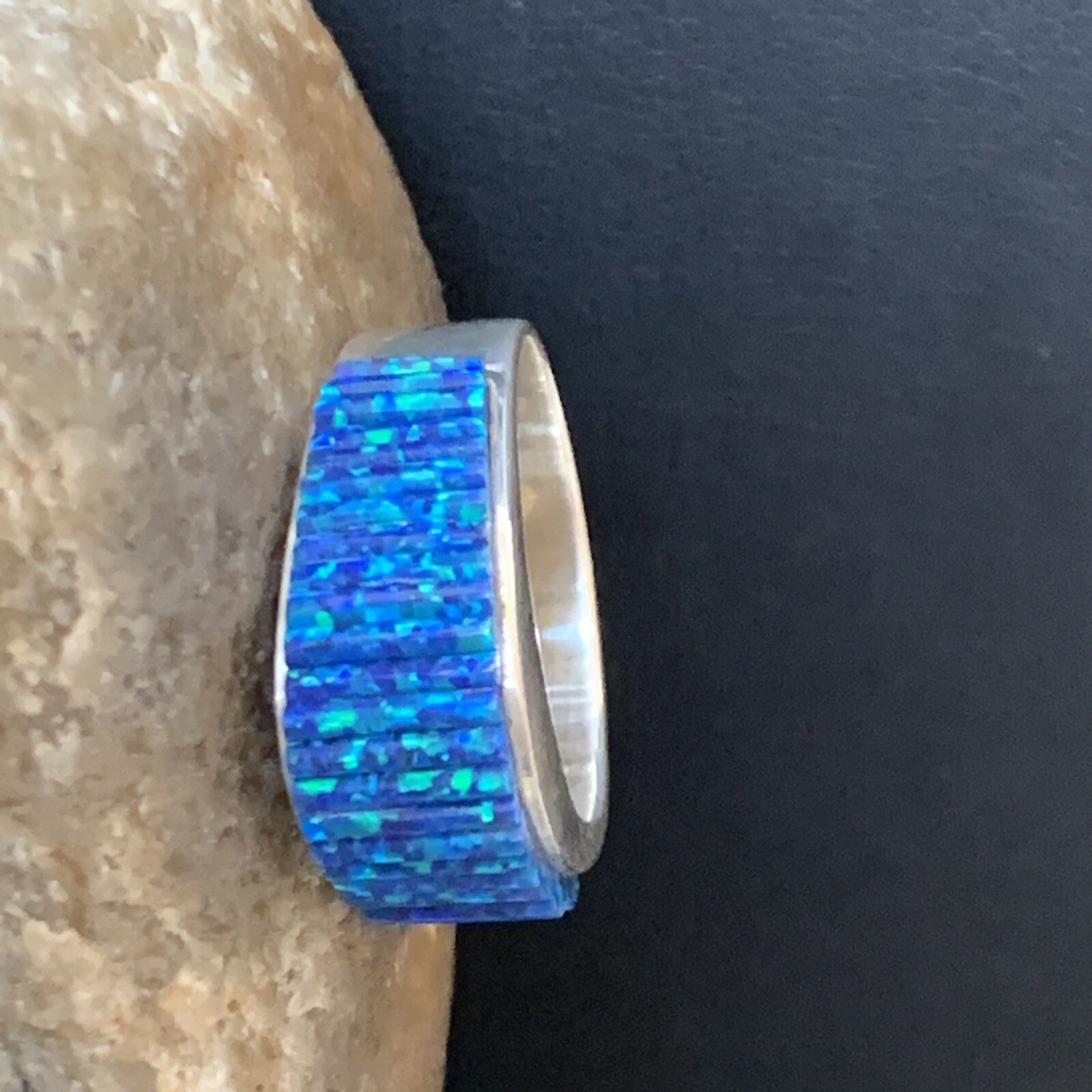 Blue Opal Navajo Sterling Silver Band Inlay Ring Size 9 18798