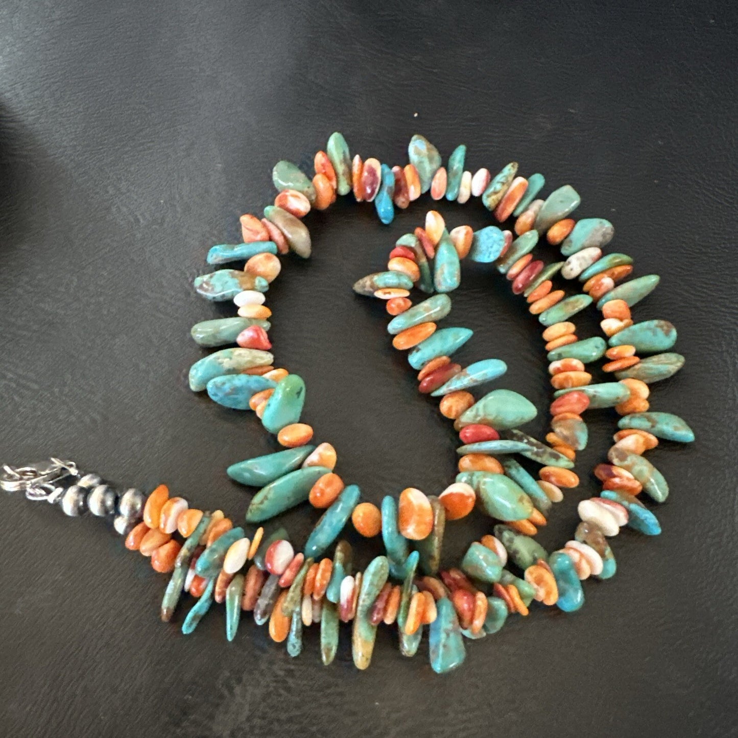 Green Turquoise Spiny Oyster Nugget Sterling Silver Necklace 20" 18091
