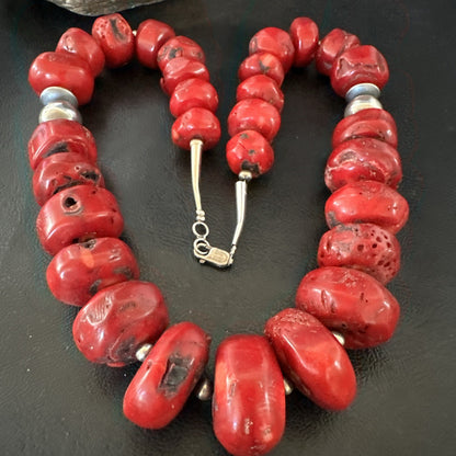 Chunky Navajo Red Bamboo Coral Sterling Silver Bead Necklace 24” Graduated 19532