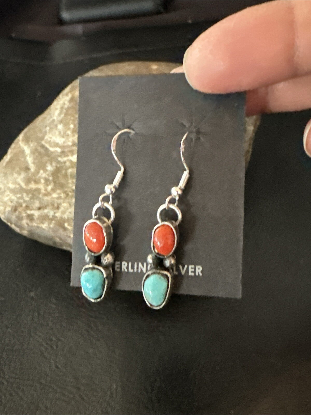Handmade Blue Turquoise Red Coral Sterling Silver Navajo Dangle Earrings 18846