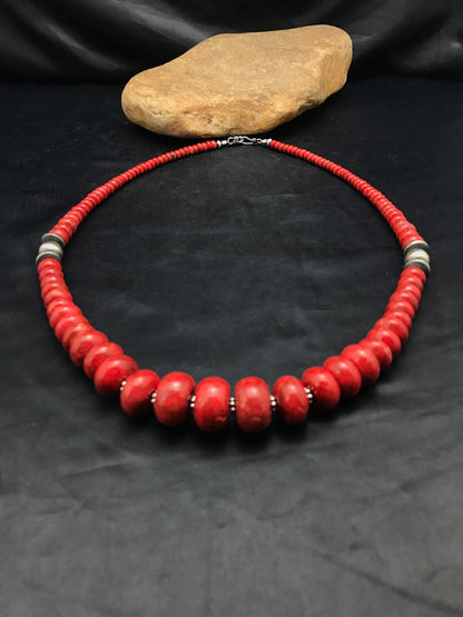 Apple Sponge Coral Graduated Bead Navajo Sterling Silver Necklace 4558