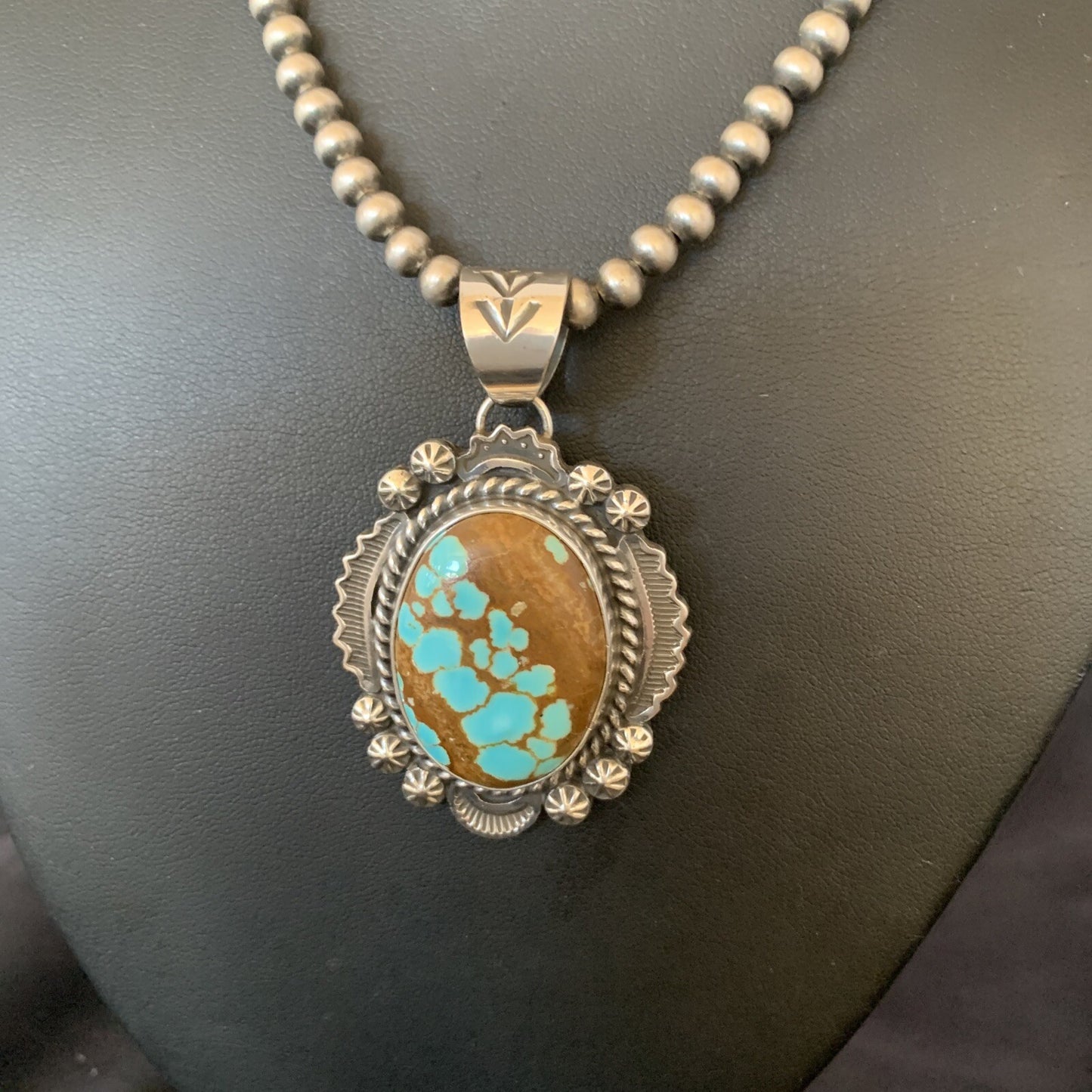 Mens Blue Turquoise #8 Pendant Navajo Pearls Sterling Silver Necklace 10866
