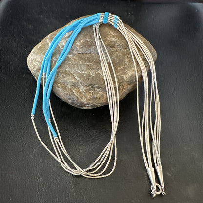 Blue Turquoise 5 Strand Heishi Liquid Sterling Silver Necklace 17854