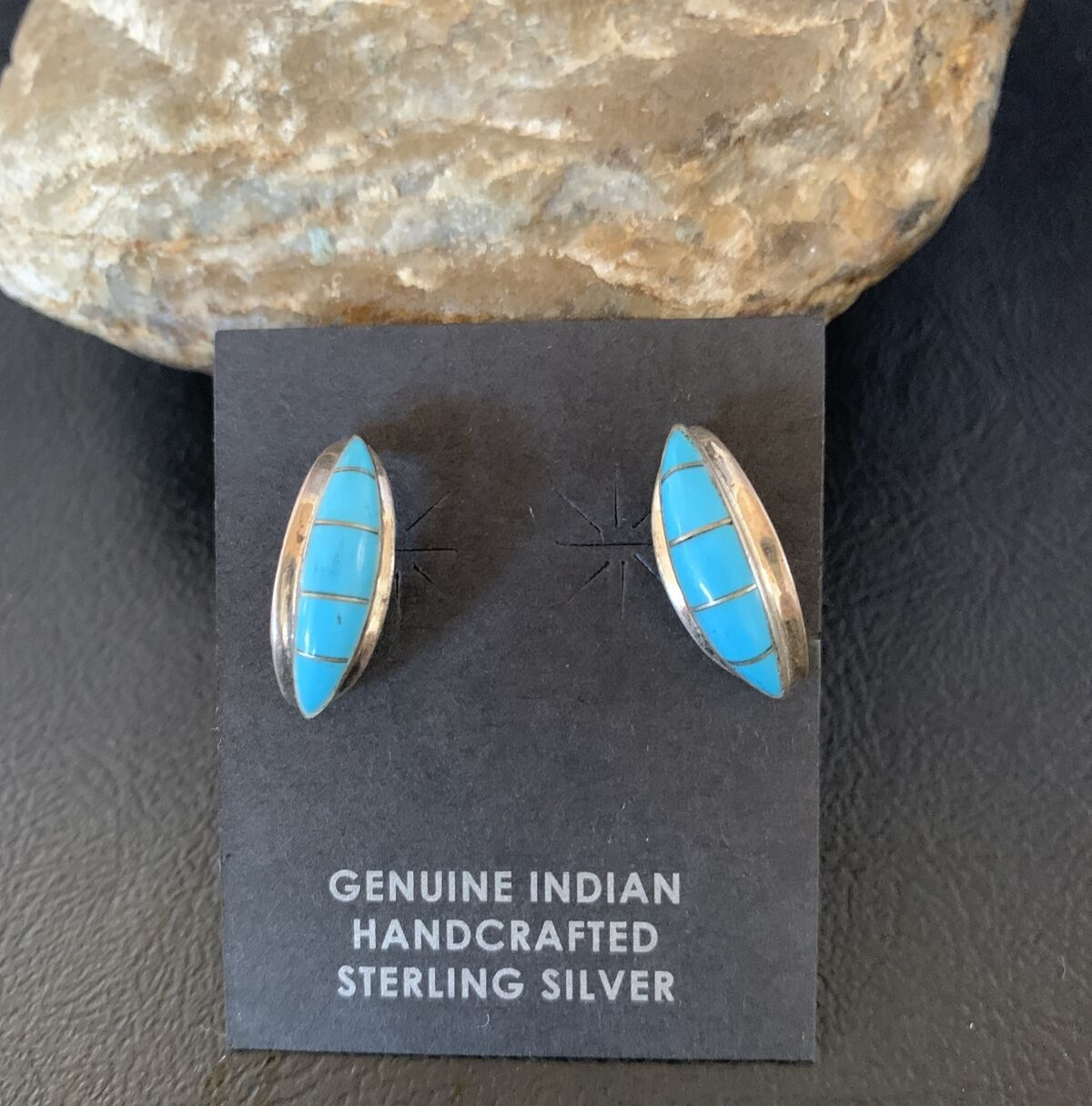 Southwestern Zuni Blue Turquoise Sterling Silver Inlay Hoop Earrings 0.75" 13023