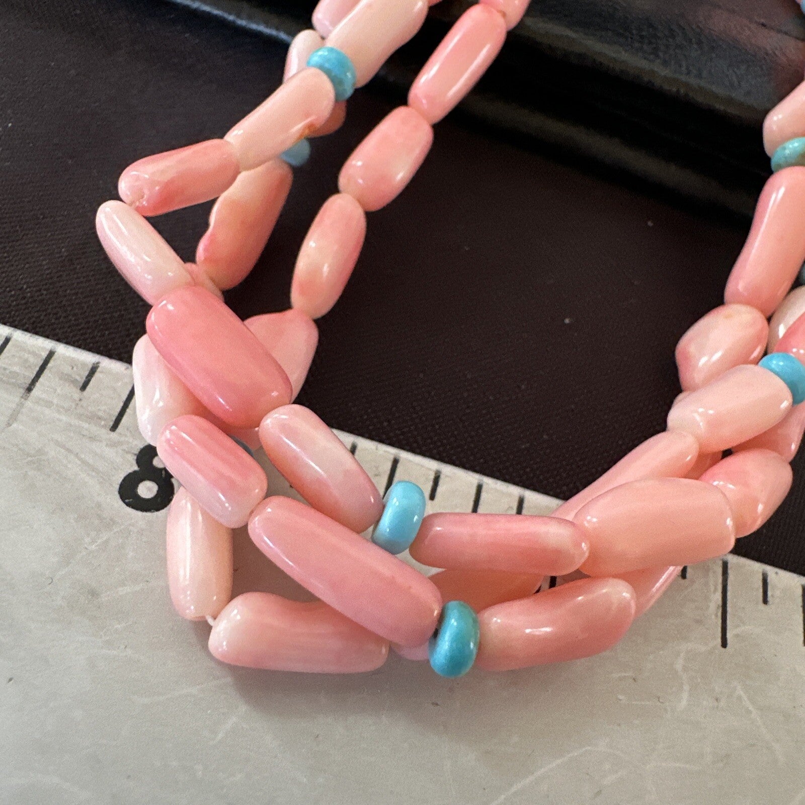 Native American Turquoise Pink Coral Sterling Silver 3 Strand Necklace 21" 17815